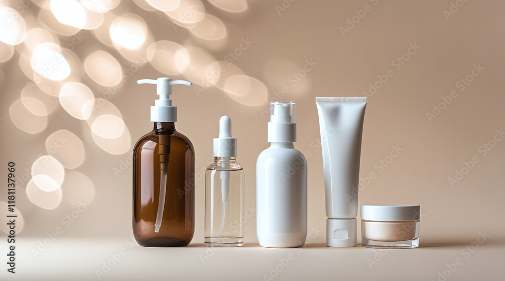 various cosmetic bottles and jars, standing surfaces.beige background various cosmetic bottles and jars, standing surfaces.beige background