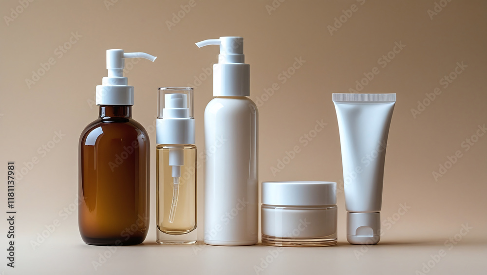 various cosmetic bottles and jars standing on a wooden surface. various cosmetic bottles and jars standing on a wooden surface.