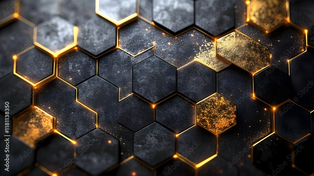 Glowing gold and dark hexagons texture background, abstract design, digital art. Glowing gold and dark hexagons texture background, abstract design, digital art.