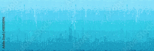 Pixel bitmap bg with dropping lines, sparkles and gradient texture in blue tones. Background for retro game interfaces design, vintage computer aquatic scene or minimalist digital compositions.