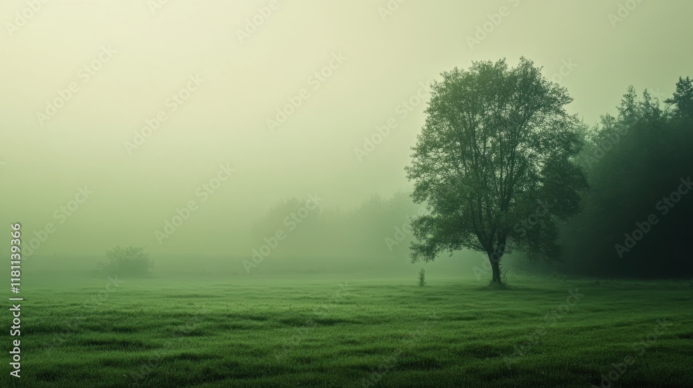 Fototapeta premium Serene Morning Mist Enveloping a Lone Tree in a Lush Green Meadow