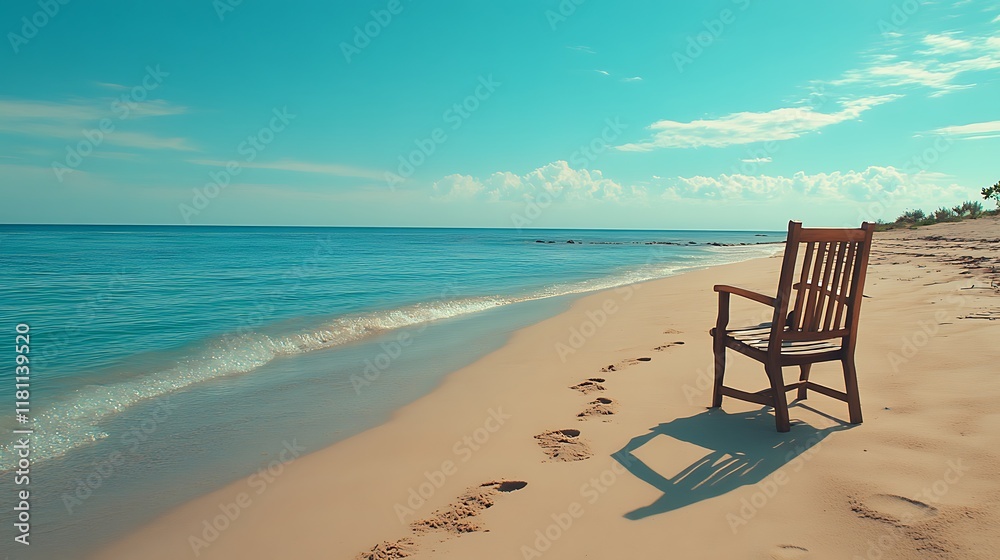 A rustic chair positioned on a pristine beach, the untouched sand marked by footprints leading toward calm turquoise waters, the horizon framed by a vibrant blue sky, tranquil and remote setting, A rustic chair positioned on a pristine beach, the untouched sand marked by footprints leading toward calm turquoise waters, the horizon framed by a vibrant blue sky, tranquil and remote setting,