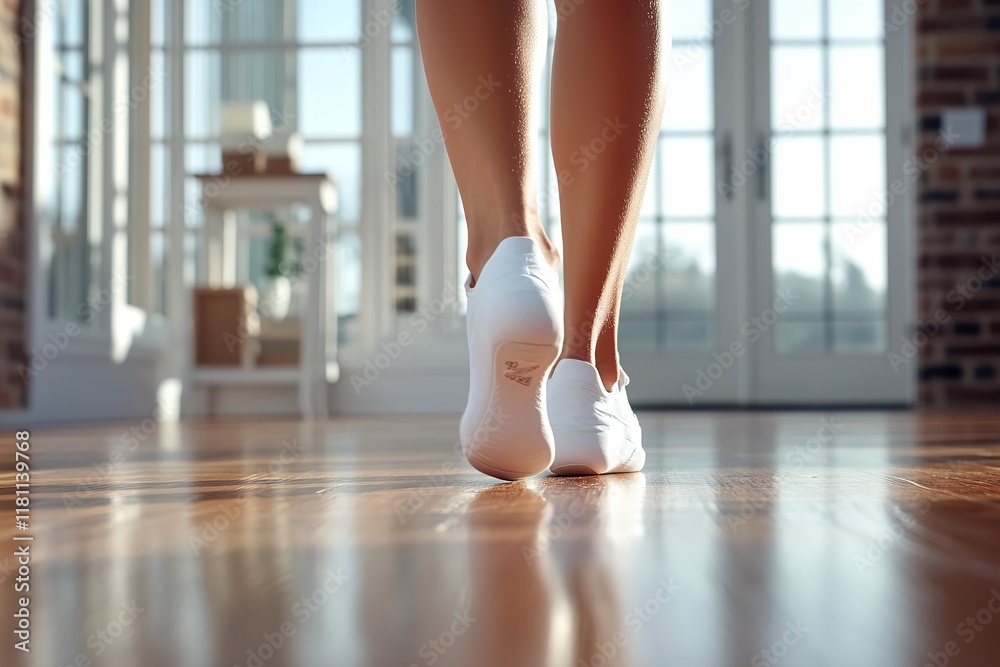 Fototapeta premium A person walks on a polished wood floor, showcasing white socks. The room is filled with natural light from large windows, creating a serene atmosphere