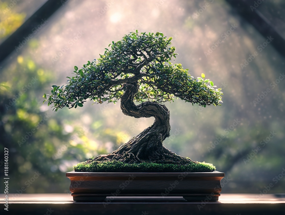 Serene Bonsai Tree in a Wooden Pot on a Window Sill Serene Bonsai Tree in a Wooden Pot on a Window Sill