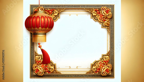 Chinese new year A decorative frame with a golden border and intricate patterns, featuring a Chinese red lantern hang3