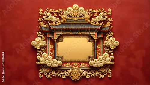 Chinese new year A decorative frame with a golden rectangular center surrounded by intricate floral patterns and styl1
