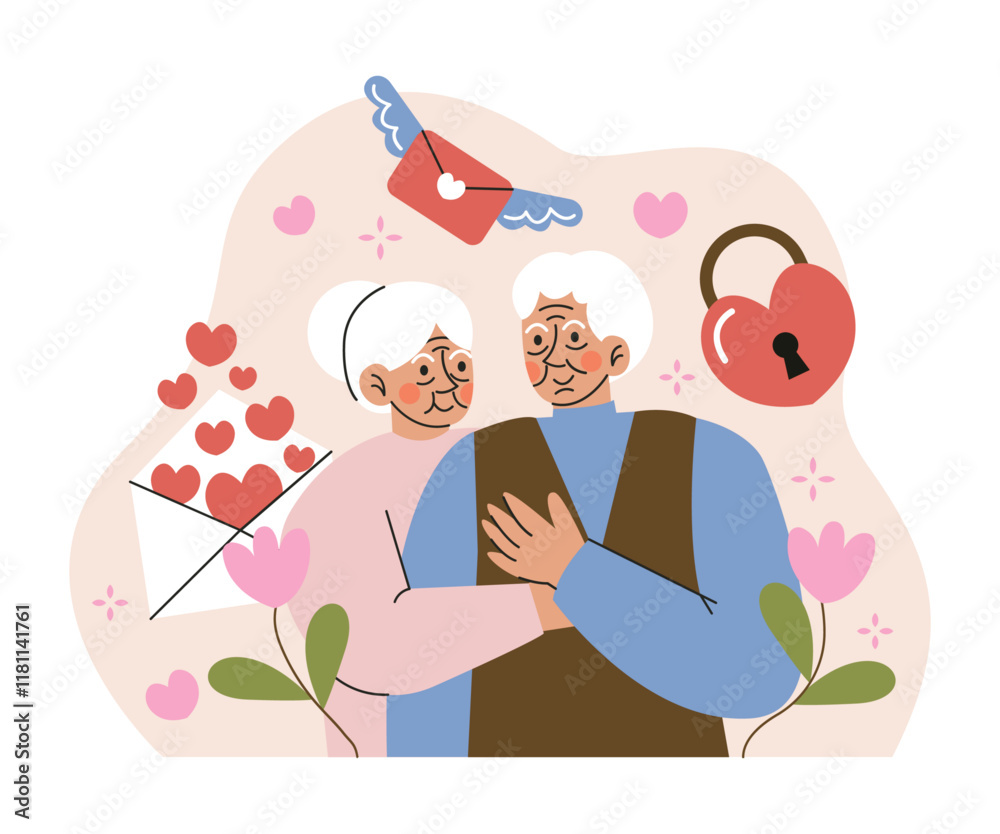 Happy Elderly Couple Love Each Other. Valentine Concept Illustration
