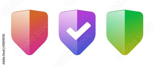 Shield check mark icon vector set, safety secure protection sign modern purple red green color graphic illustration, warranty insurance symbol, safeguard guard guarantee web element image clip art
