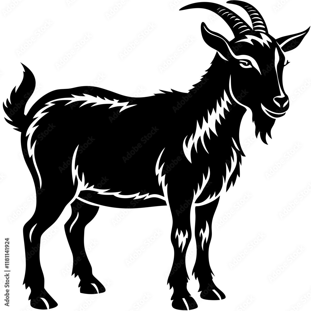 Black and White Goat Silhouette with Detailed Fur and Prominent Horns Vector