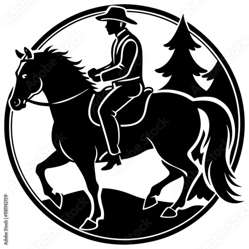 Black and White Horseman Silhouette with Crescent Moon Vector