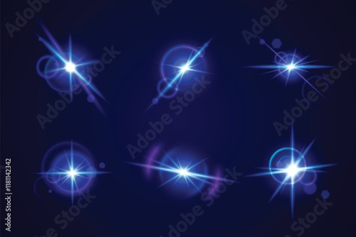 Glint and glare optical effects collection - bright blue luminous starbursts with radiant beams on dark background. Shimmering neon sparkles with lens flares, circular halos and bright bling.