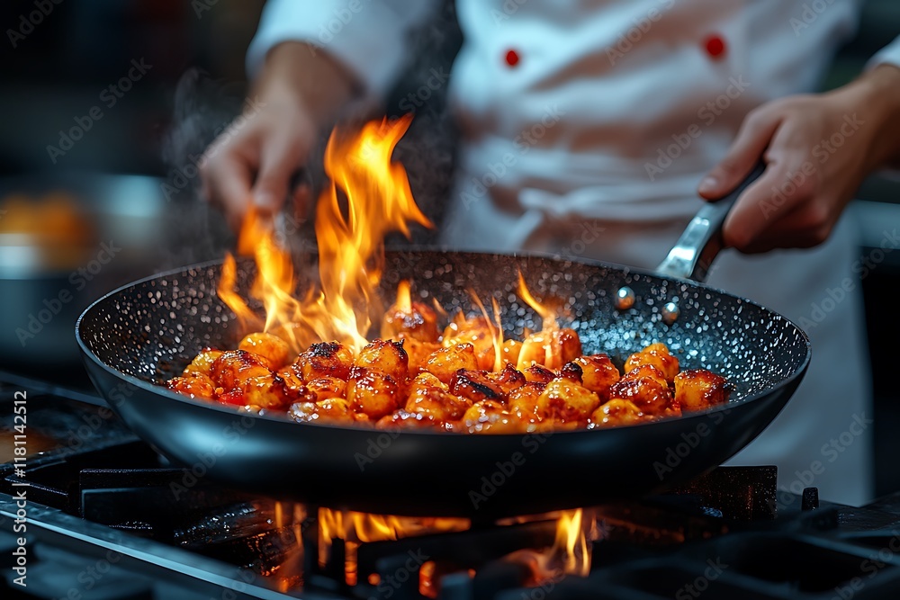 Chef flambes delicious food in a wok Chef flambes delicious food in a wok