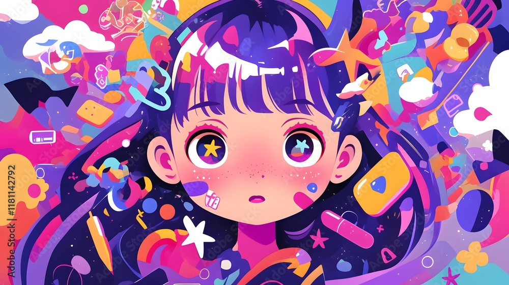 Fototapeta premium Cute child illustration with kawaii doodles surrounding a colorful background
