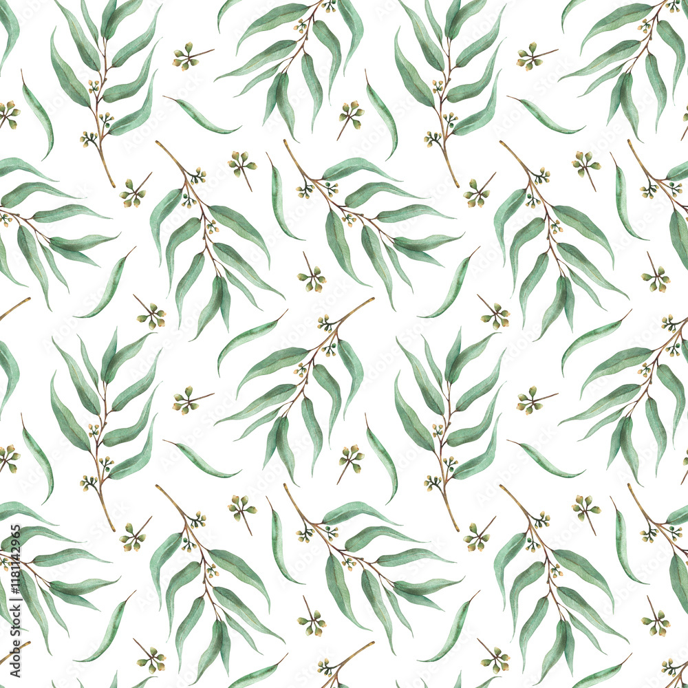 Naklejka premium Eucalyptus seeded plant branch with leaves seamless pattern. Watercolor floral print with green leaf hand drawn illustration for fabric, textile, wallpaper. Herbal design on isolated white background 