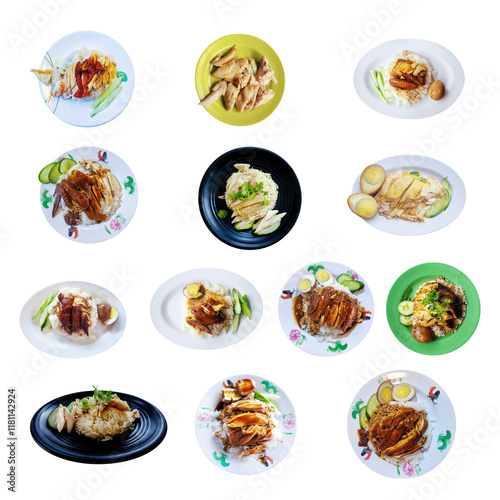 Wall Mural A collage of tasty chicken rice is isolated on a PNG background—delicious soy sauce chicken rice from a hawker stall in Singapore