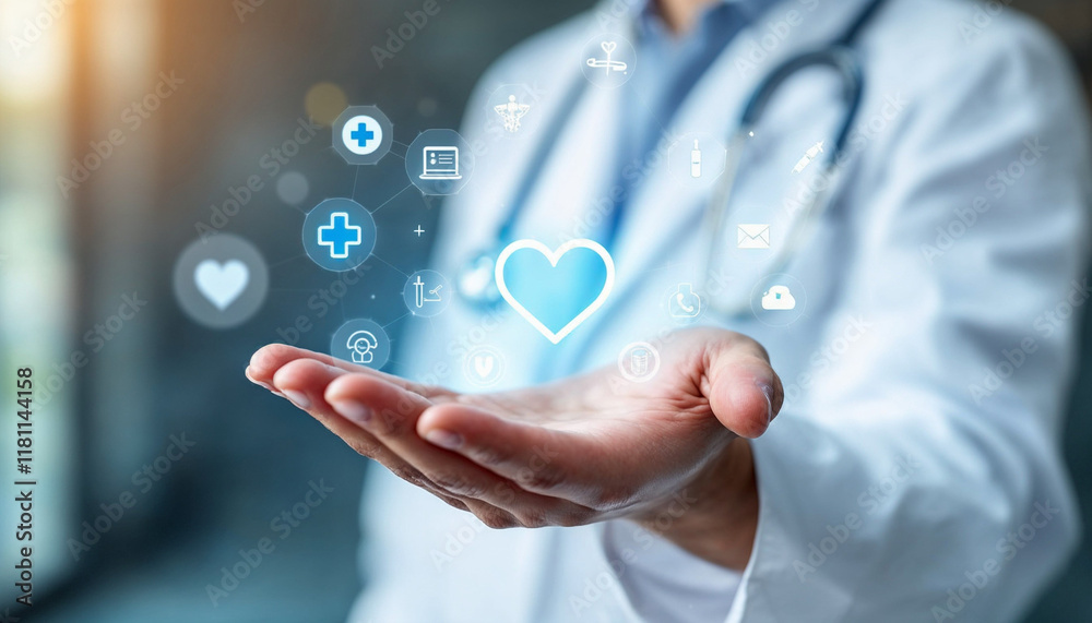 Healthcare professional demonstrating digital health solutions in a clinical setting with glowing icons Healthcare professional demonstrating digital health solutions in a clinical setting with glowing icons
