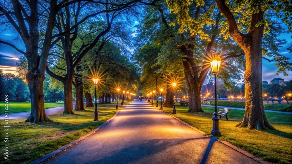Long exposure captures city park's nighttime magic, footpath trails blurring into ethereal light. Long exposure captures city park's nighttime magic, footpath trails blurring into ethereal light.
