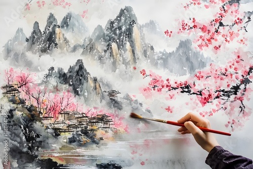 Traditional Chinese Landscape Painting Workshop Featuring Mountains Rivers and Cherry Blossoms
