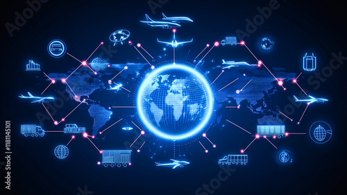 Wallpaper Mural Global Logistics Network: A stylized illustration depicting a glowing Earth surrounded by interconnected transportation icons symbolizing the intricate global network of logistics.   Torontodigital.ca