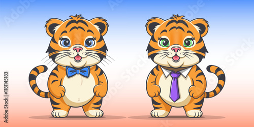 Vector cute cartoon plump standing smiling little tiger cubs in blue bow tie and purple tie. Toon beautiful chubby striped gallant babies animals.