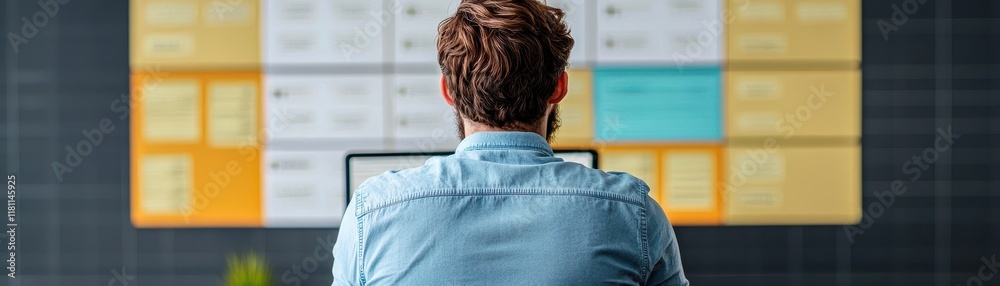 A person sits in front of a computer, facing a colorful board filled with notes and tasks, engaged in planning or organizing work. A person sits in front of a computer, facing a colorful board filled with notes and tasks, engaged in planning or organizing work.