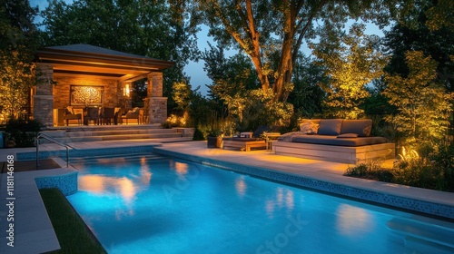 Illuminated backyard pool, patio, and pavilion at twilight. photo