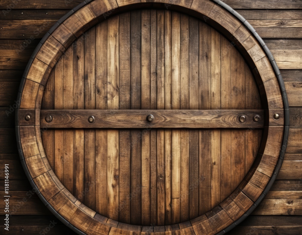 Fototapeta premium Rustic Wooden Barrel End Background: Dark Brown Wood Texture with Circular Grain Pattern