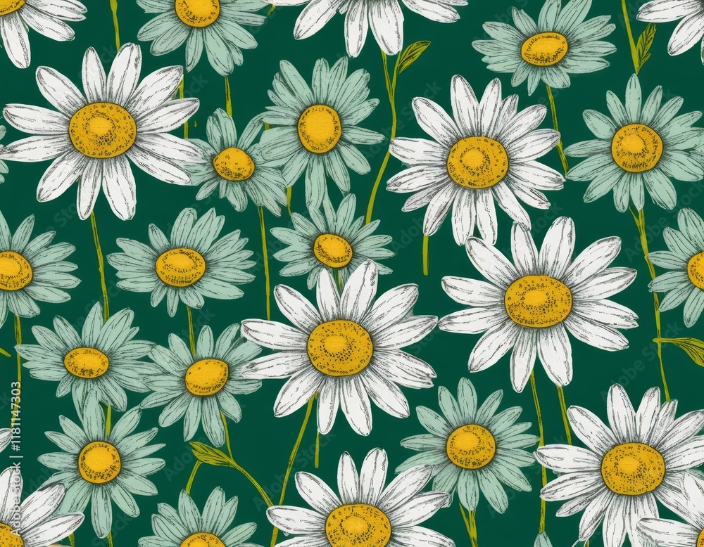 Fototapeta premium Seamless Pattern: Elegant Hand-Drawn Daisies on Deep Green Background, Botanical Illustration, Floral Design