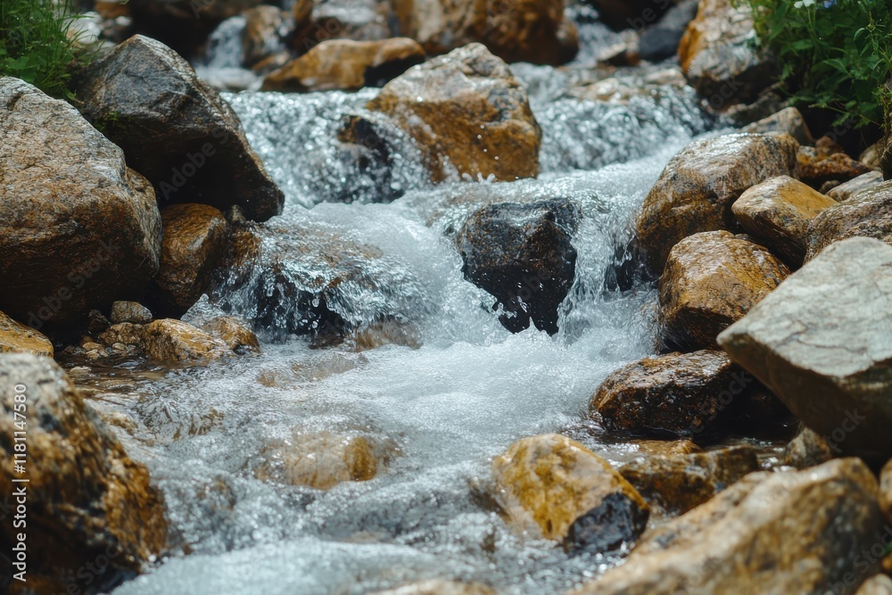 Beautiful View of a Clear Stream Flowing Over Rugged Stones in a Serene Natural Landscape for Relaxation and Meditation Beautiful View of a Clear Stream Flowing Over Rugged Stones in a Serene Natural Landscape for Relaxation and Meditation