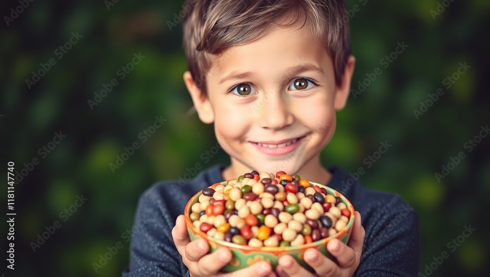 Happy Young Boy Holding Bowl Of Colorful Beans Happy Young Boy Holding Bowl Of Colorful Beans
