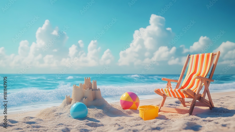 A vibrant beach scene with a lounge chair positioned near a half-built sandcastle and colorful toys, including a beach ball and a bucket, calm waves lapping at the shore under a clear blue sky, A vibrant beach scene with a lounge chair positioned near a half-built sandcastle and colorful toys, including a beach ball and a bucket, calm waves lapping at the shore under a clear blue sky,