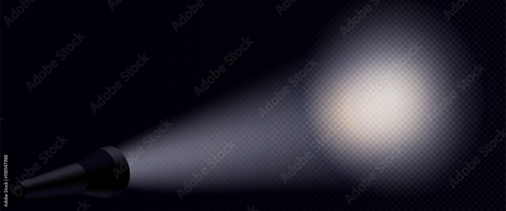 Flashlight projecting wide luminous beam on wall with realistic light scatter effect on dark background. Realistic black metallic torch creating soft gradient illumination with transparent glow.