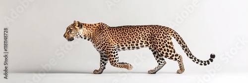 Majestic Leopard Walking Gracefully on White Background Wildlife Photography photo