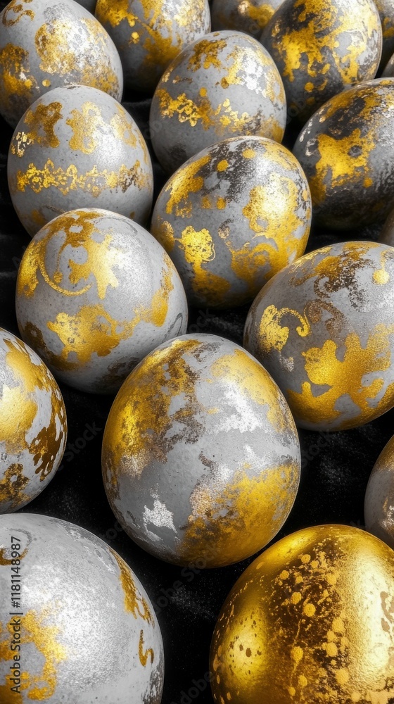 Elegant metallic gold and silver Easter egg design on plush black velvet texture perfect for upscale celebrations and decor Elegant metallic gold and silver Easter egg design on plush black velvet texture perfect for upscale celebrations and decor
