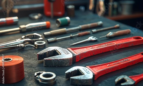 Close-up of various tools on a workbench, including adjustable wrenches, pliers, and other hand tools.