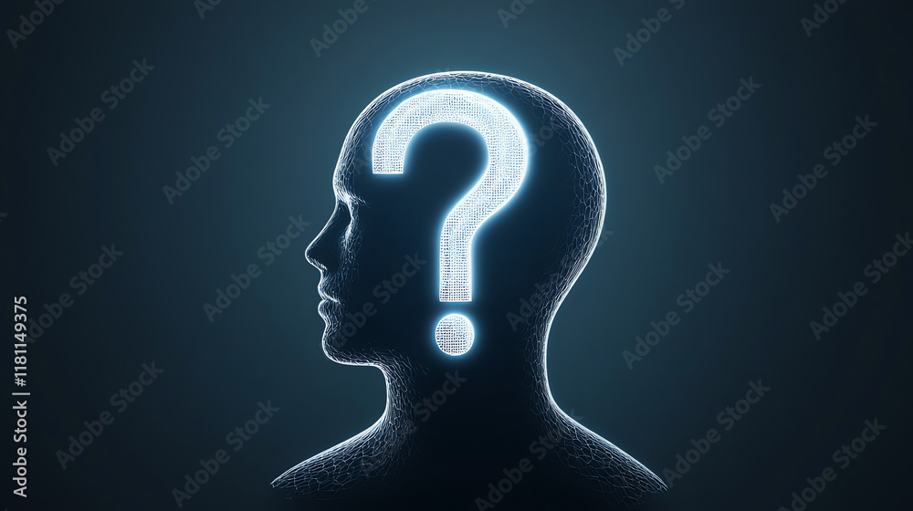 Glowing profile with question mark in dark. Ideal for subconscious exploration concepts. Glowing profile with question mark in dark. Ideal for subconscious exploration concepts.