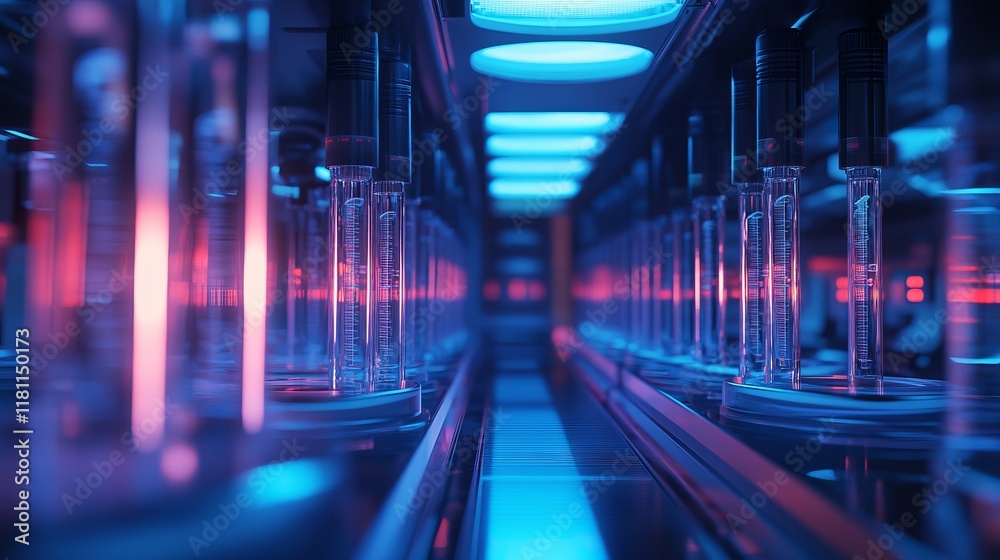 Advanced lab producing glowing genetically engineered medicines in sterile tubes Advanced lab producing glowing genetically engineered medicines in sterile tubes