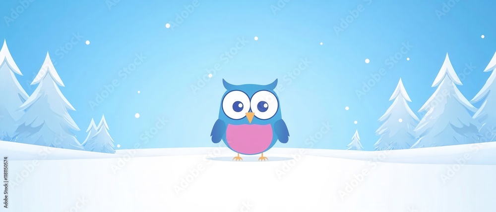 Naklejka premium Adorable Cartoon Owl in Snowy Winter Wonderland Scene