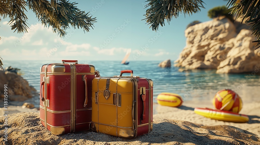 Fototapeta premium Packed Suitcases and Beach Bag Near Colorful Wall