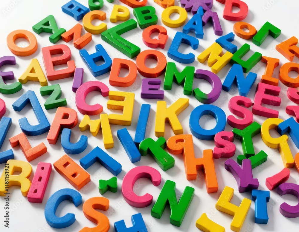Fototapeta premium Vibrant Colorful Alphabet Letters Scattered on White Background: Perfect for Educational Resources and Creative Designs