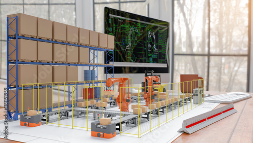 3D render: Production engineer use models made production line layout for smart warehouse on his desktop.