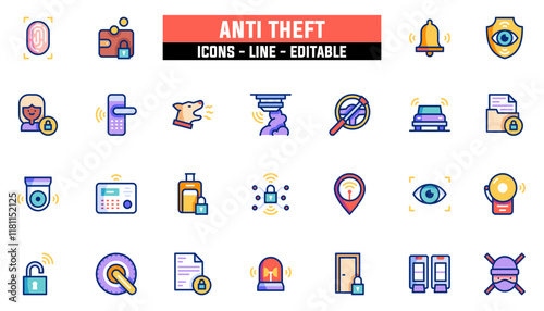 Set of 25 line icons anti theft. Editable stroke. Vector illustration