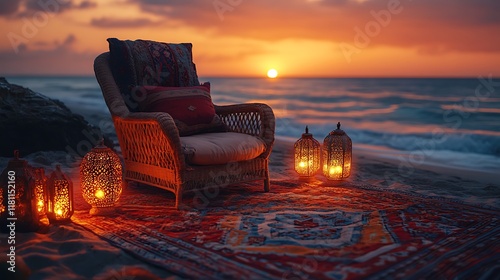 An elegant Moroccan chair surrounded by colorful woven rugs and glowing lanterns, positioned on a quiet beach, the soft sound of waves complementing the warm hues of a setting sun,