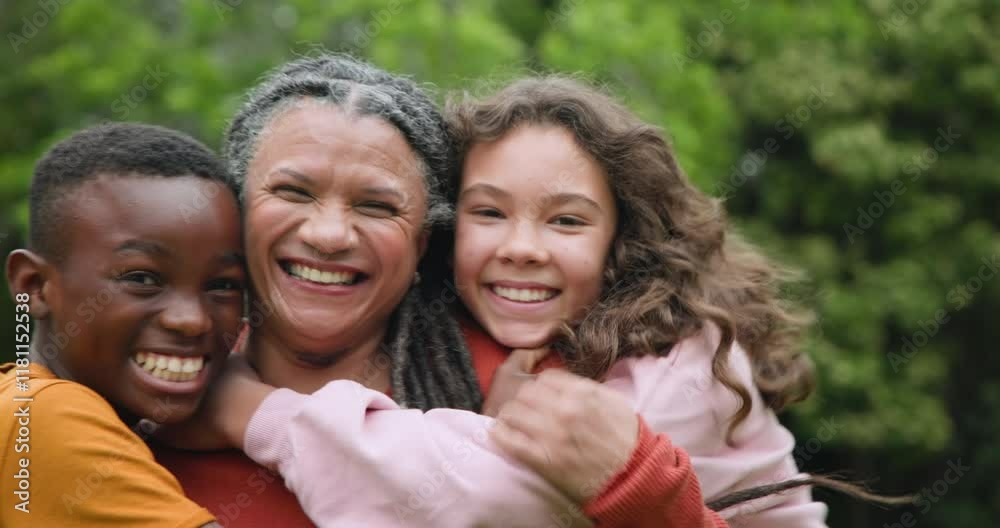 Grandmother hugging grandchildren outdoors, all smiling and enjoying family time Grandmother hugging grandchildren outdoors, all smiling and enjoying family time