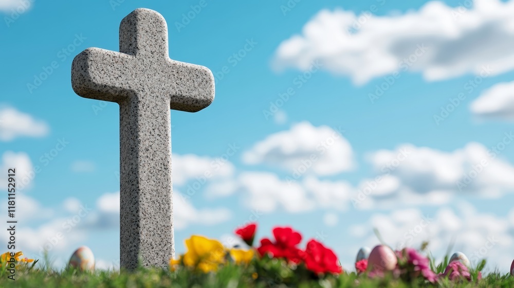 A sculpted stone cross set in a serene garden with colorful Easter flowers blooming around it under a soft blue sky for elegance A sculpted stone cross set in a serene garden with colorful Easter flowers blooming around it under a soft blue sky for elegance