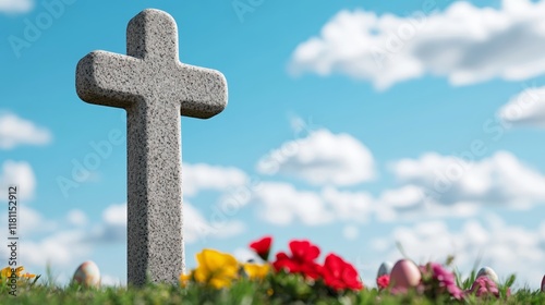 A sculpted stone cross set in a serene garden with colorful Easter flowers blooming around it under a soft blue sky for elegance 
