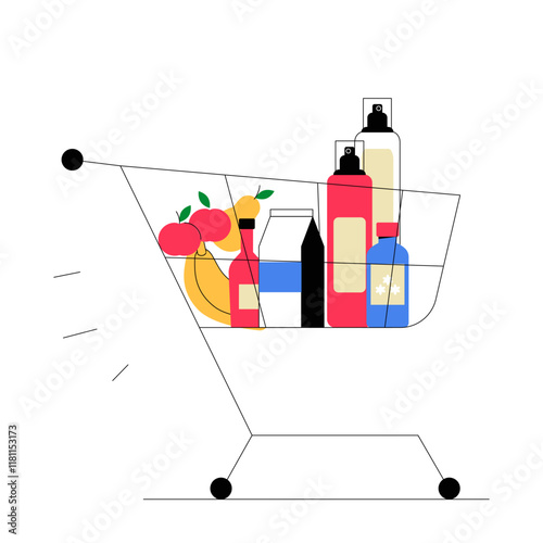 Shopping Cart With Groceries And Household Items In Flat Vector Illustration Symbolizing Retail Convenience And Consumer Spending, Isolated On White Background.