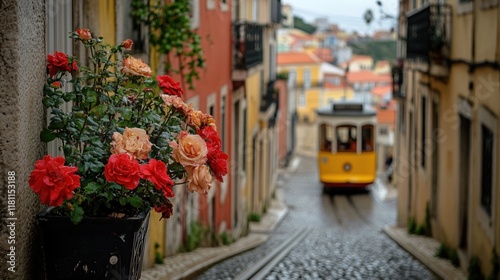 Vibrant Roses Blooming Beside a Charming Old City Tram