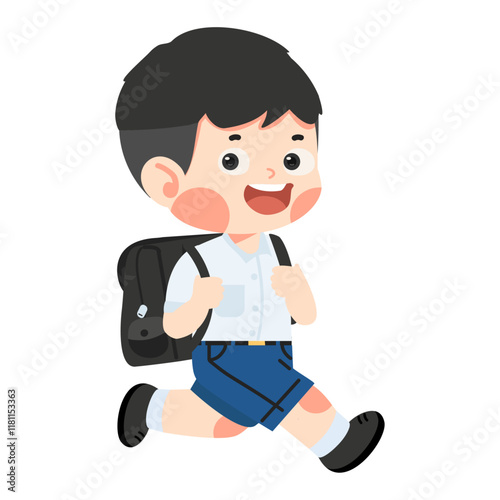 kid boy with a backpack hurries to school