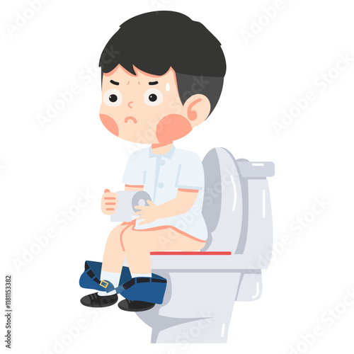 Kid  sitting on toilet with paper roll in hand